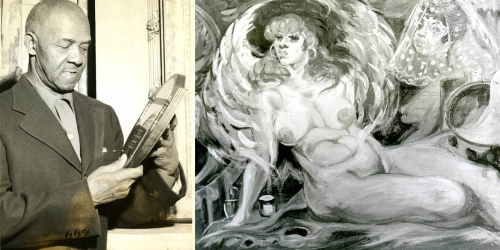 On the left, A sepia photo of Dox Thrash, who looks to be in his 50’s-60’s, wearing a suit and looking sideways at an award plaque held in his hands off to the right. On the right, A Black and White photo of Dox Thrash's "Lady With Hat" painting. The woman is nude with a large, feathery-looking had. There is another nude woman wearing a veil behind her to the right. There are prominent brushstrokes and the woman is notably curvy.